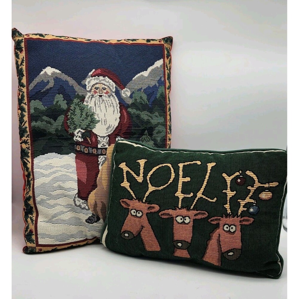 Holiday Tapestry Pillows (2) Santa Claus/Reindeer Vintage 12X9, 12X6